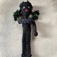 Vintage Primitive Folk Art, Handmade Embroidered & Braided Black Cloth Doll, EUC