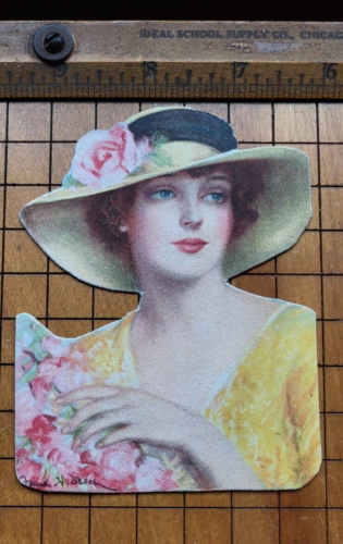 Vintage 1920s Die Cut paper cardboard girl in yellow hat Sgned Frank Desch - Afbeelding 1 van 2