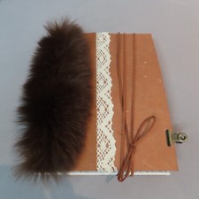 Handmade JUNK JOURNAL Vintage Memory Travel Book Fur Leather Lace Cover Flat Lay