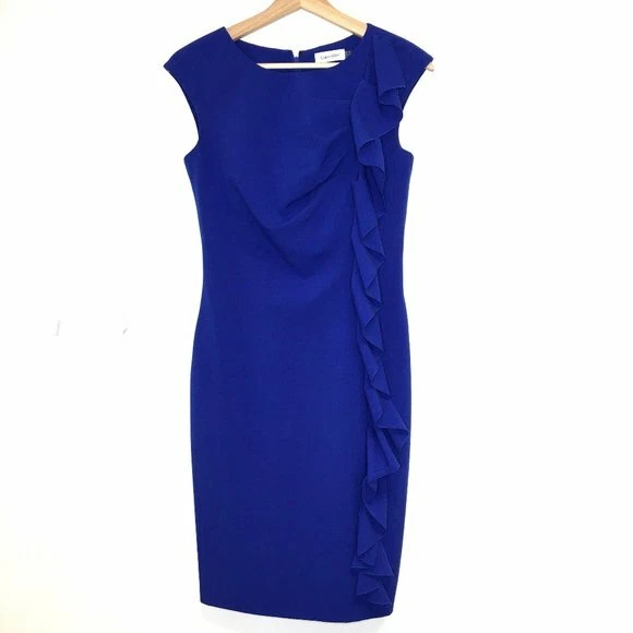 Calvin klein royal blue ruffle dress sale