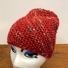 Wool Blend Women s Red Chunky Knit Beanie Stocking Cap Ski Winter Hat Boho Indie