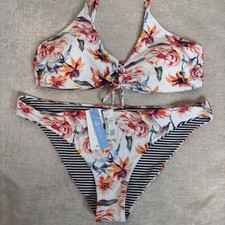 NWT CupShe 2 Pc Bikini Bathing Suit Stripe Floral Reversible Tie Front Sz XXL