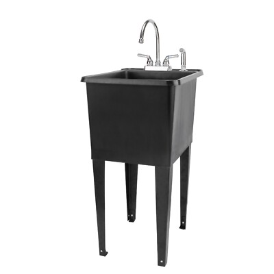 TEHILA SPACE SAVER 16 Gallon Black Utility Sink with Chrome Finish Faucet & Side