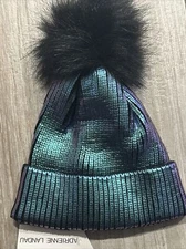 ADRIENNE LANDAU Metallic Blue Faux Fur Pom Pom Beanie