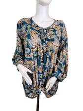 I.N Studio Women's Top Blouse Size 2X  V-Neck Tassel  3/4 Sleeve Paisley (25)