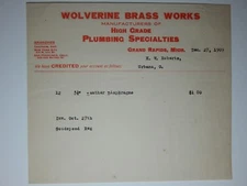 1909 WOLVERINE BRASS WORKS Leather Diaphragms GRAND RAPIDS MICHIGAN Letterhead