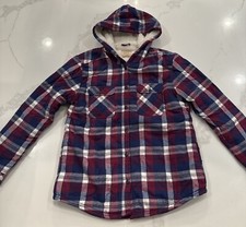 Boston Traders Womens Flannel Jacket Sherpa Lined Hooded Red Blue Plaid Sz M EUC