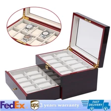 20 Slot Wood Watch Box Display Case Glass Top Jewelry Storage Organizer Box+Lock