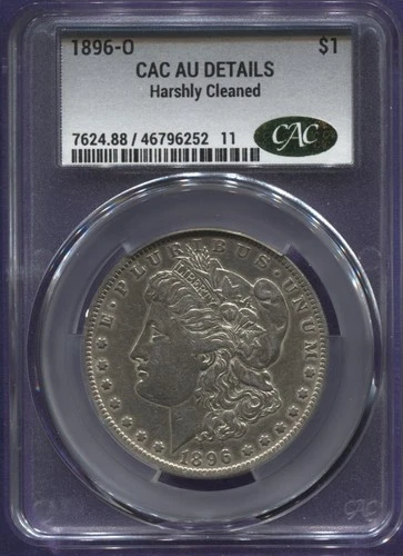 1896-O Morgan Silver Dollar, CACG AU, details cleaned