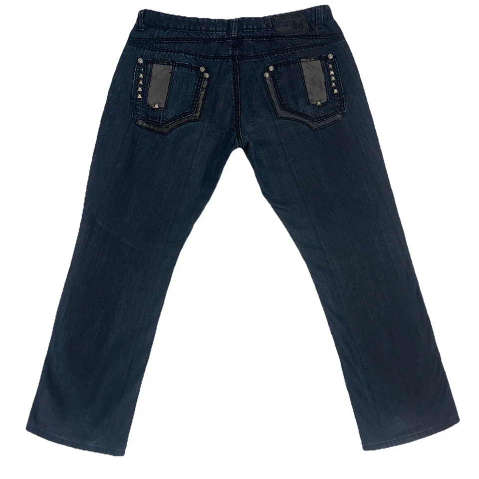 Pantalones de mezclilla para hombre Franky Max 38x32 lavado oscuro rectos tachonados imitación cuero bolsillos Y2K Foto 3 de 4