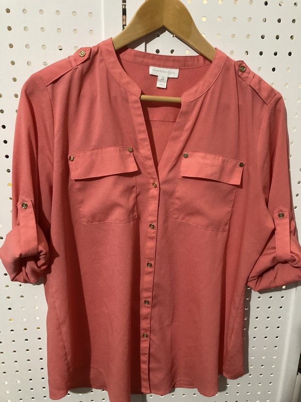 Charter Club Kohls Women's Top Medium Coral Peach Gold Trim Roll up Sleeve Flaw