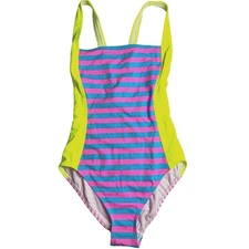 TYR Womens Huntington Beach Deep V Stripes 1pc Swimsuit Pink Blue Sz Small NWOT