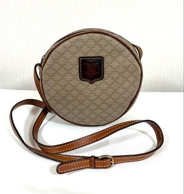 CELINE Vintage Round Macadam Monogram Leather Shoulder Bag Beige Amber Authentic