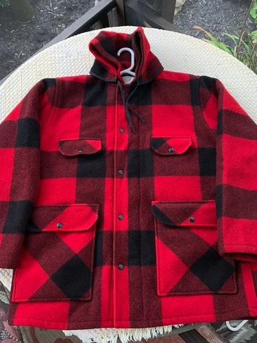 Vtg Johnson Woolen Mills Wool Jacket ? XL Mackinaw Hunting Buffalo Plaid Red Men - product listing photo