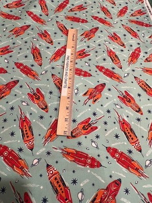 MODA 321 Blast Off  Rockets Spaceships 100% cotton fabric by the yard Dull Blue