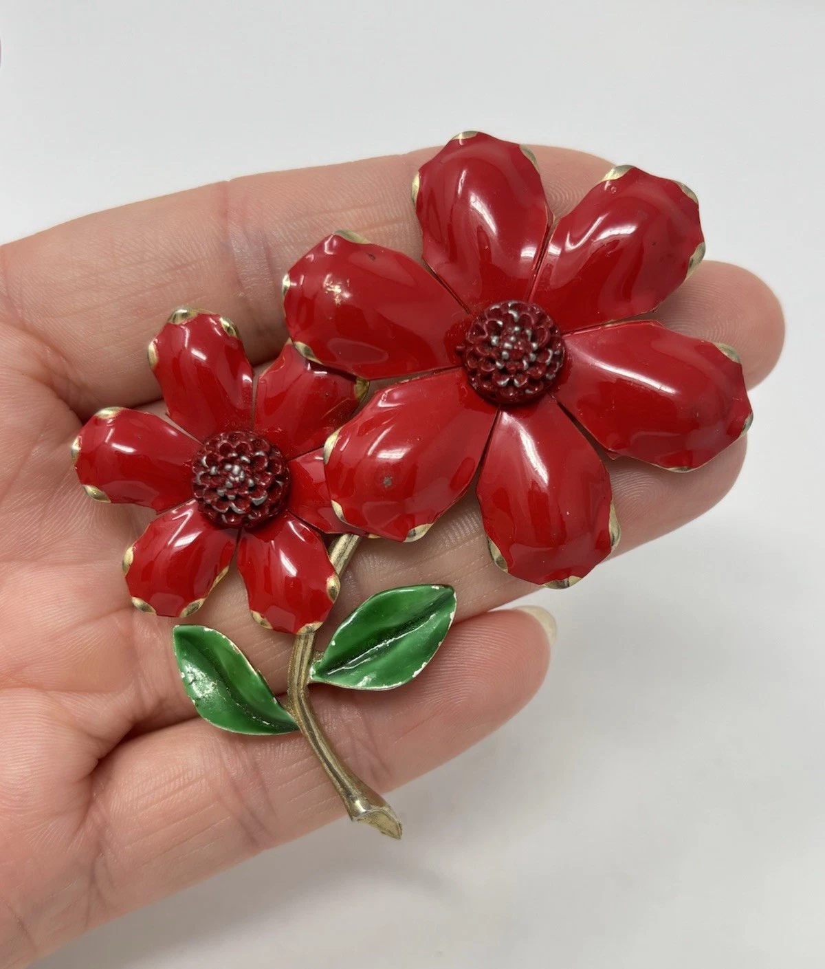 Vintage Red Enamel Double Flower on Stem Brooch Pin Gold Tone 3"