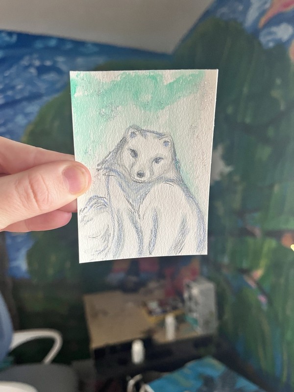 ACEO Original White Fox Animal Art Whimsical Sparkly Watercolor Art 2.5x3.5 