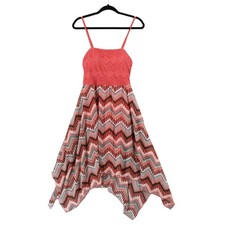 Coral Multi-Color Boho Crochet Chevron Handkerchief Hem Midi Dress Women Size L