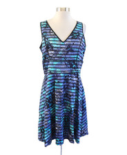 Ann Taylor Loft Striped Floral Fit and Flare Dress Size 8 Blue / Purple Black