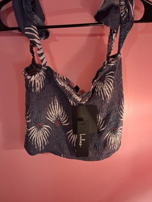 LULUS Floral Smocked Ruffle Tank Crop Top Dusty Blue Large Stretch Cropped 