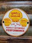 VINTAGE SHELL GASOLINE PORCELAIN SIGN 1936 TRIO AUTOMOBILE AUTO GAS MOTOR OIL