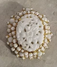 Vintage White Molded Milk Glass Brooch Pin Gold Tone 2.5"
