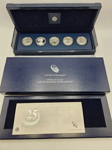 🌟 2011 American Silver Eagle 25th Ann. 5-Coin Set w/Reverse Proof SOME TONING