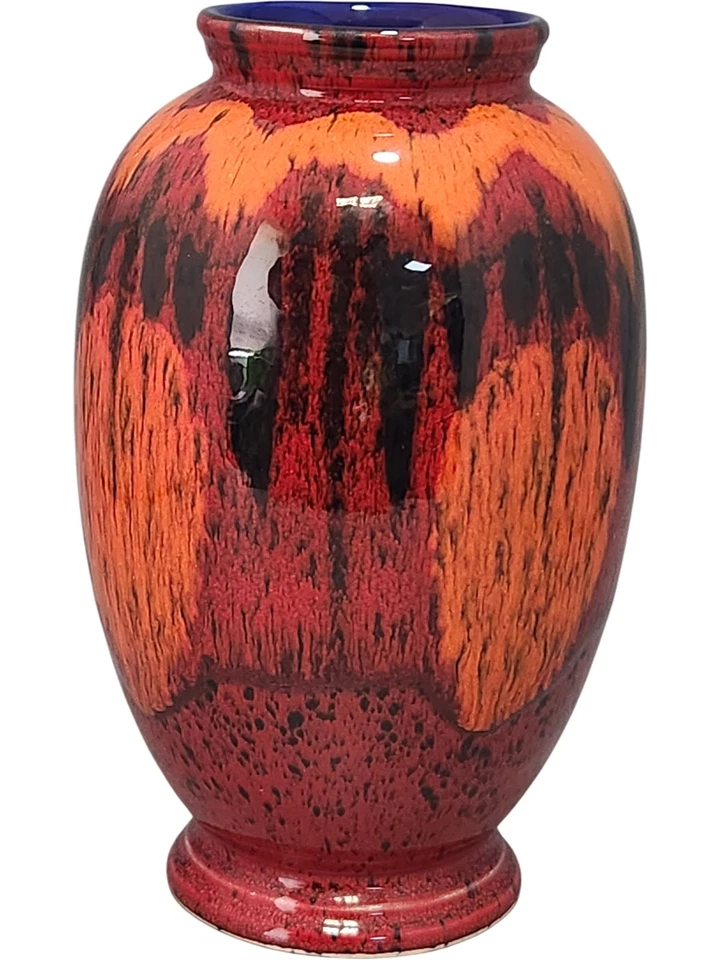 Leuchtende orange und rot glasierte Keramik Vase mit einzigartigem Muster 8 Zoll hoch