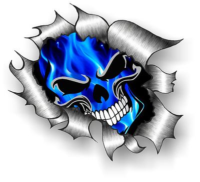 Large Gothic Skull & Electric Blue Flames Vinyl Decal - Ripped Metal Style Car Sticker