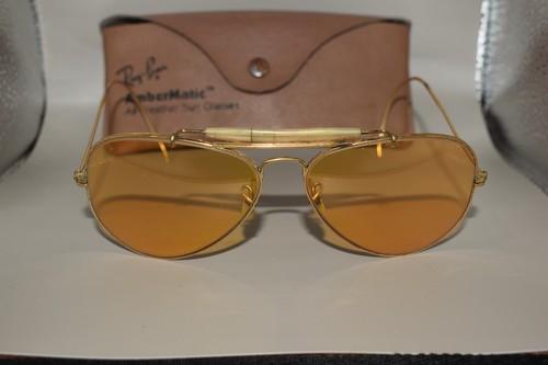 58-14 VINTAGE 60s B&L RAY BAN AMBERMATIC OUTDOORSMAN Aviator Sunglasses Yellow - Picture 2 of 8