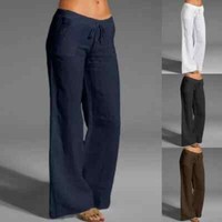 NEW Women Cotton Linen Trousers Ladies High Waist Holiday Baggy Wide Leg Pants