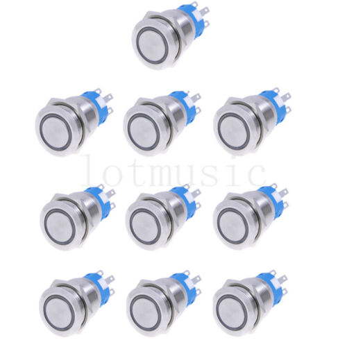 10pcs 19mm 12V  BLUE Led Stainless  Push Button  MOMENTARY - Picture 1 of 5