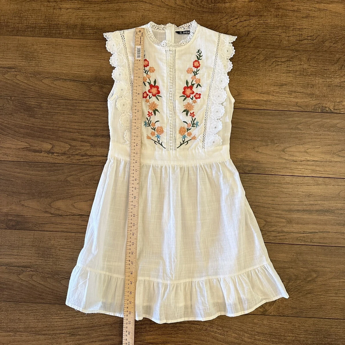 Shein Dress Size S White Lace Embolroidered Floral Sundress Ruffle