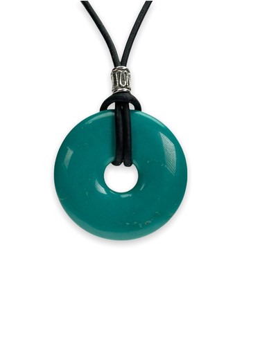 Turquoise Donut Unisex Necklace 35mm Black Leather Cord Stainless Steel Clasp - Picture 5 of 8