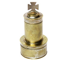 Salbgef&auml;&szlig; Chrismarium Chrismatorium mit 2 Kammern Messing Restversilberung 19.Jh