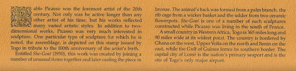 Togo 1981 First Day of Issue She-Goat by Picasso 50f 1x Authenticated 12-355 - Image 2 of 4
