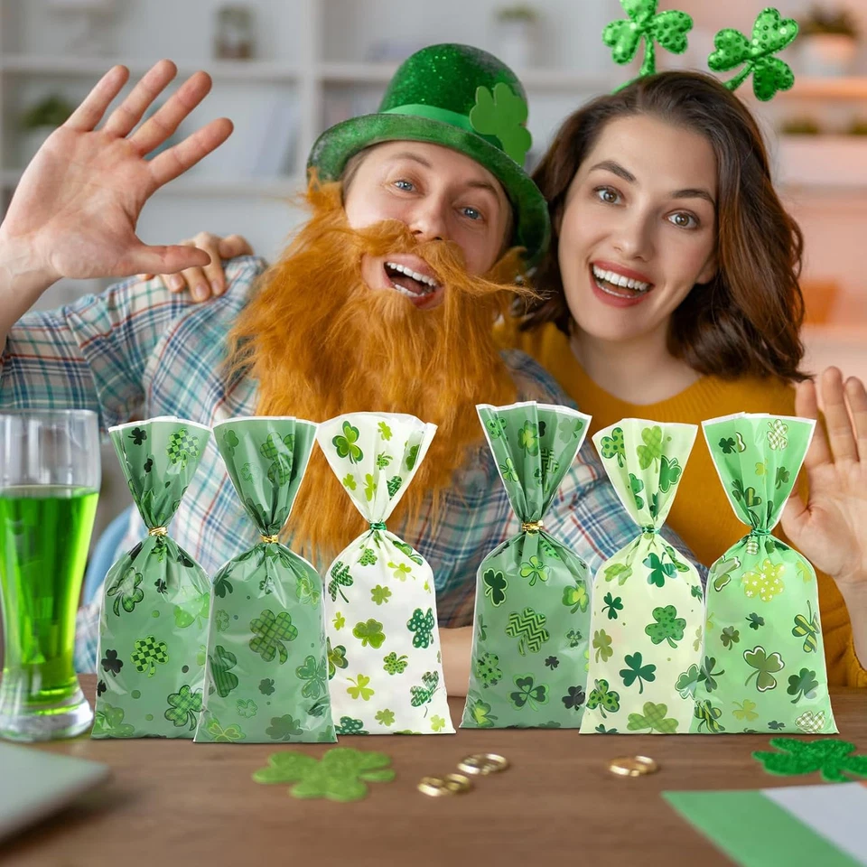 Bolsas de golosinas de celofán del día de San Patricio, 180 piezas caramelos de violonchelo trébol irlandés de la suerte Foto 4 de 4