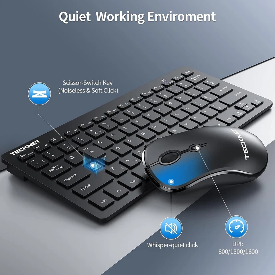 TECKNET Slim Wireless Keyboard & Mouse Set, 2.4G Cordless USB TK-KM001 Black - Image 3 of 4