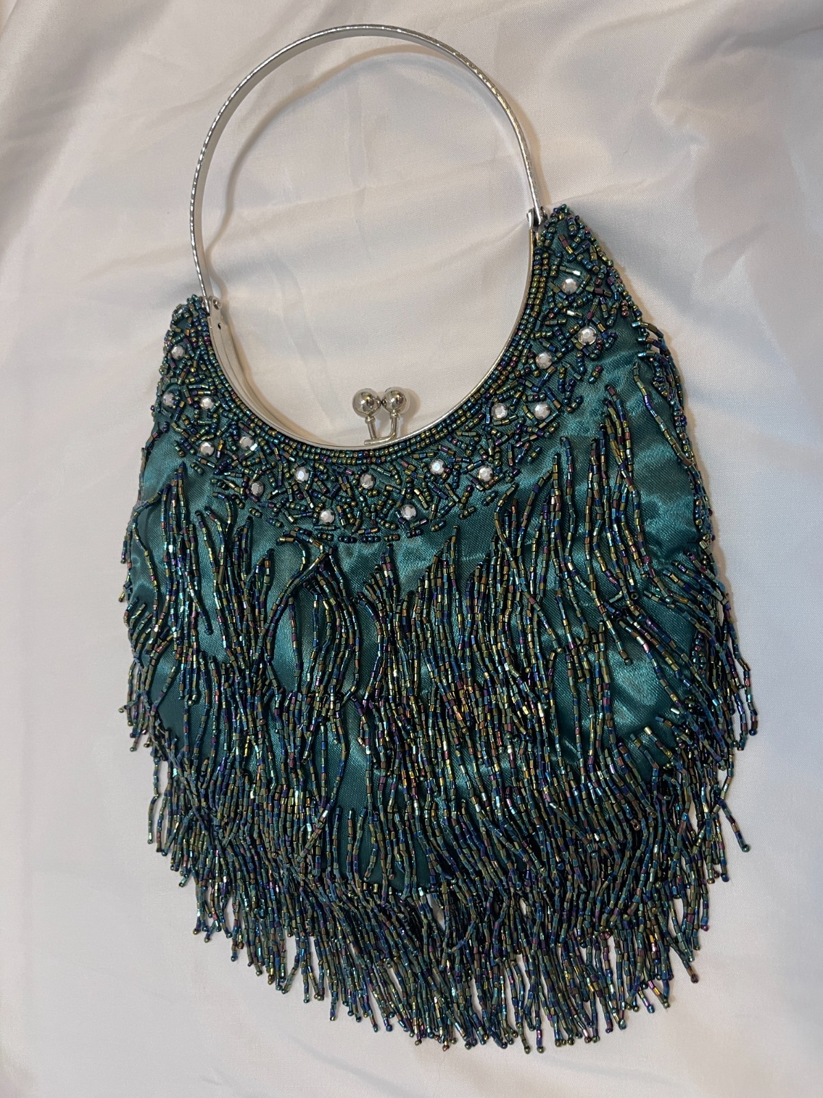 Glass Bead Fringe & Jewels Satin Frame Bag, Kiss Clasp Metal Circle Handle, New