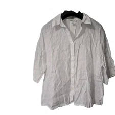 H & M Womens Size Med White Short Sleeve Linen Shirt Classic Coastal Beach 