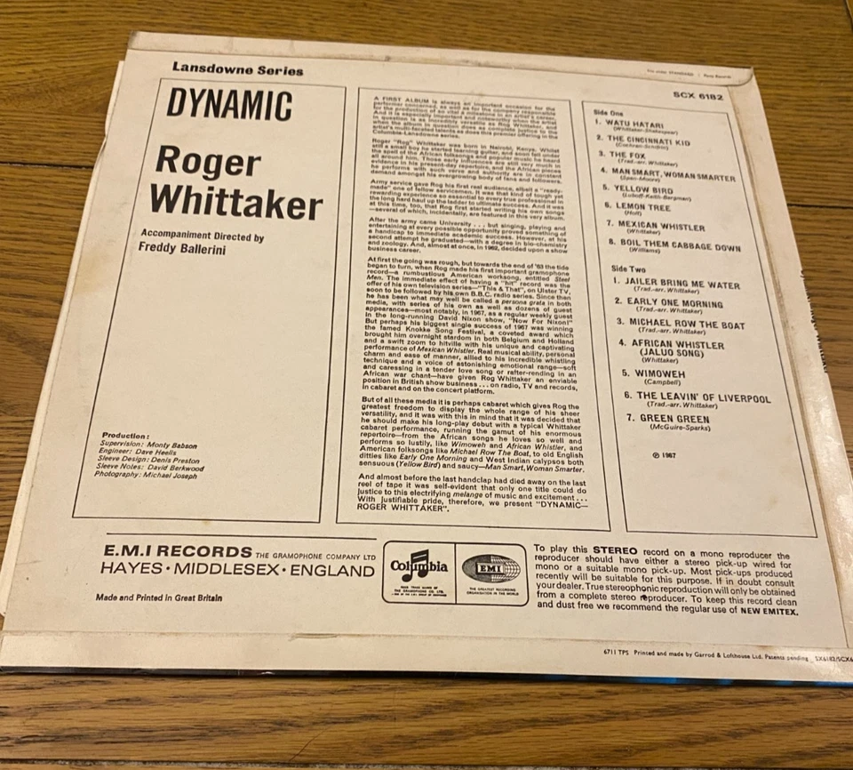 Roger Whittaker - Dynamic Vinyl LP EMI Records SCX 6182 Foto 2 de 4