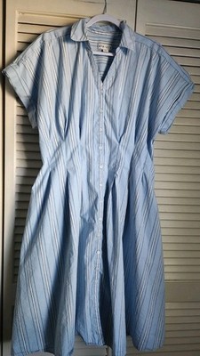 Ava Viv Cotton Fit Flare Midi Shirt Dress Blue Striped Womens 1X Pockets Classic