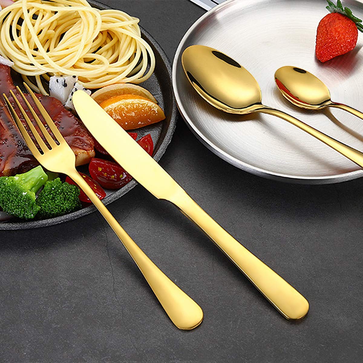 Gold Silverware Set, Stainless Steel Flatware Set Service for 6, Kitchen Cutl...