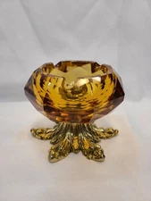 Vintage Amber Glass And Brass Footed Ashtray MCM Hollywood Regency Octagonal VTG