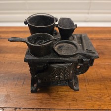 Vintage "AAA Queen" Black Cast Iron Miniature Stove Set Pots, Pans, Child's Toy