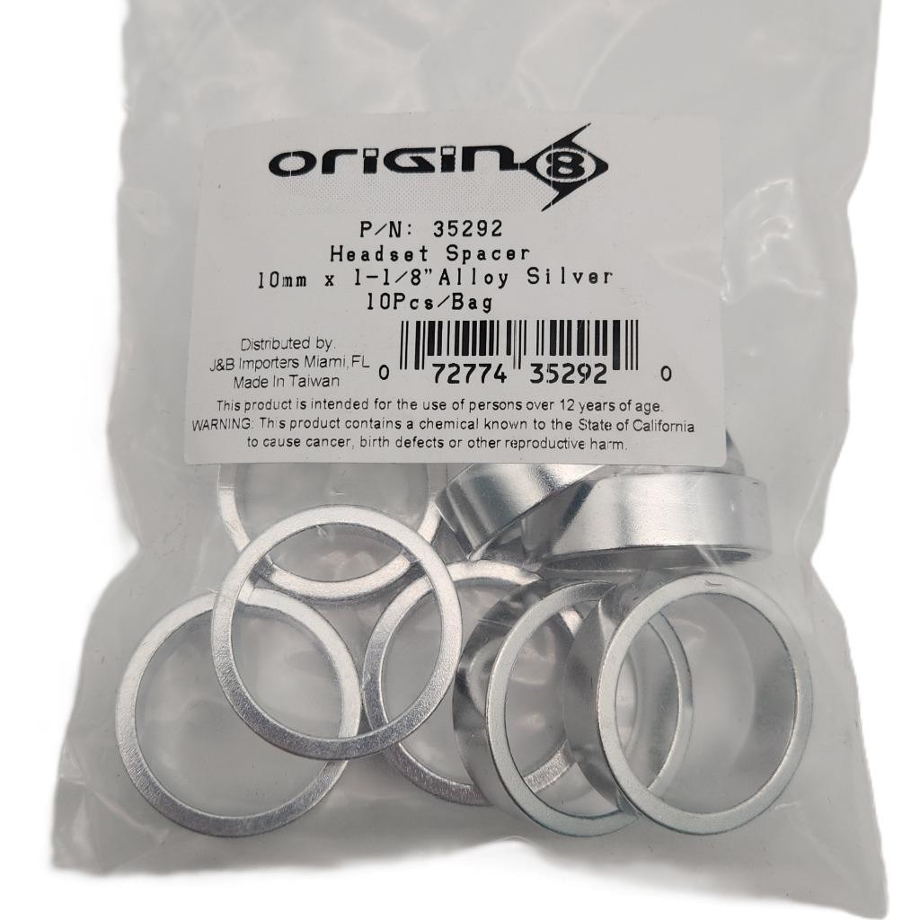 10 Origin8 10mm x 1-1/8" Alloy Non-Keyed Bicycle Headset Spacers Pack Silver