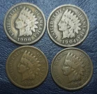 1904 1906 1906 1908 1c Indian Head Cent Penny. Lot of 4 Coins, Circulated