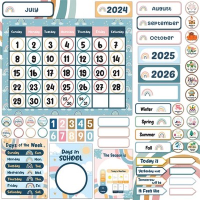 Classroom Calendar Bulletin Board Set 148 Pcs Boho Rainbow - Gloss Laminated