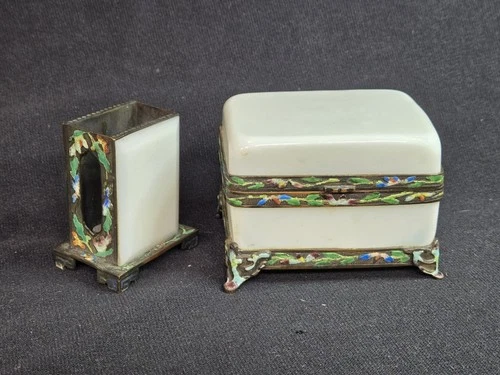 Antique Chinese Champleve Brass Opaline Peking Glass Trinket Box & Match Holder