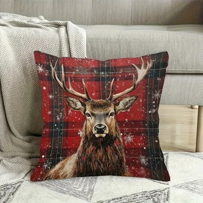 Kissenbezug Rot Schottenkaro Hirsch Reh Design Rustikal Winter Lodge Weihnachten Single